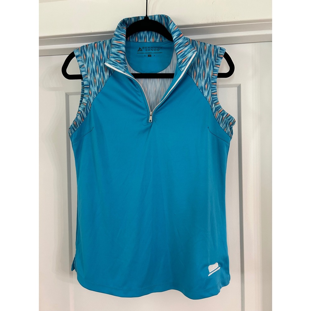 Bermuda Sands Womens Sleeveless Golf Polo Top Blue Ikat Print Quarter Zip Size M